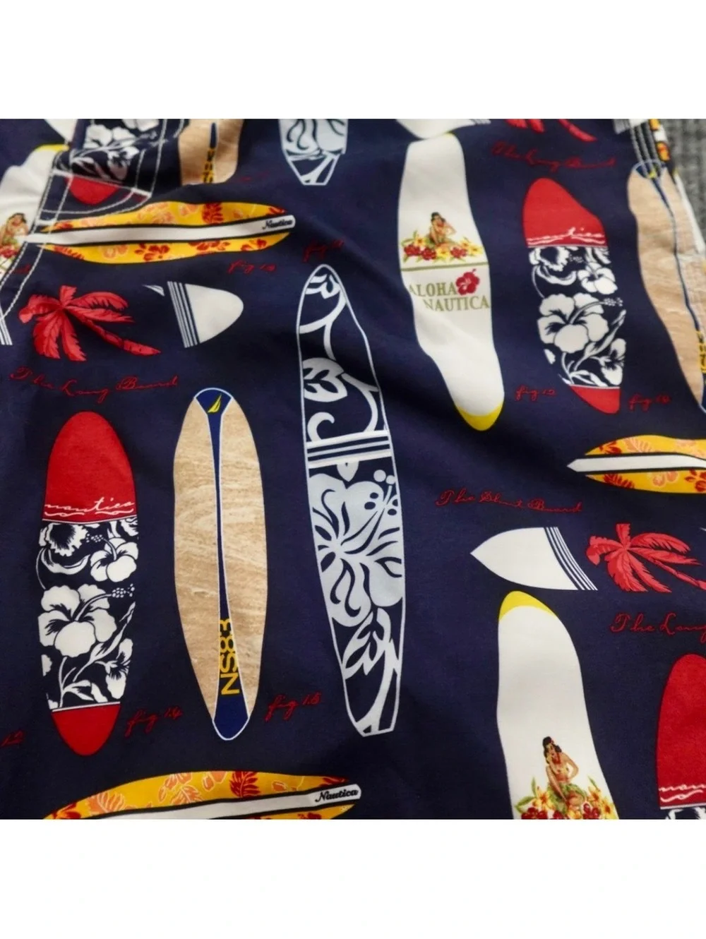 Nautica Mens Board Shorts Sz 32 Navy Blue Surfboard Aloha Swim Trunks Mesh